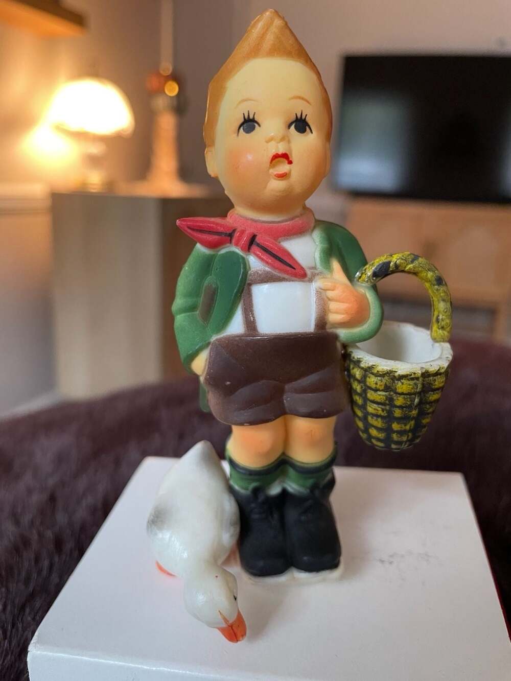 Vintage Plastic Hummel Style Boy with Duck and Basket Christmas Ornament